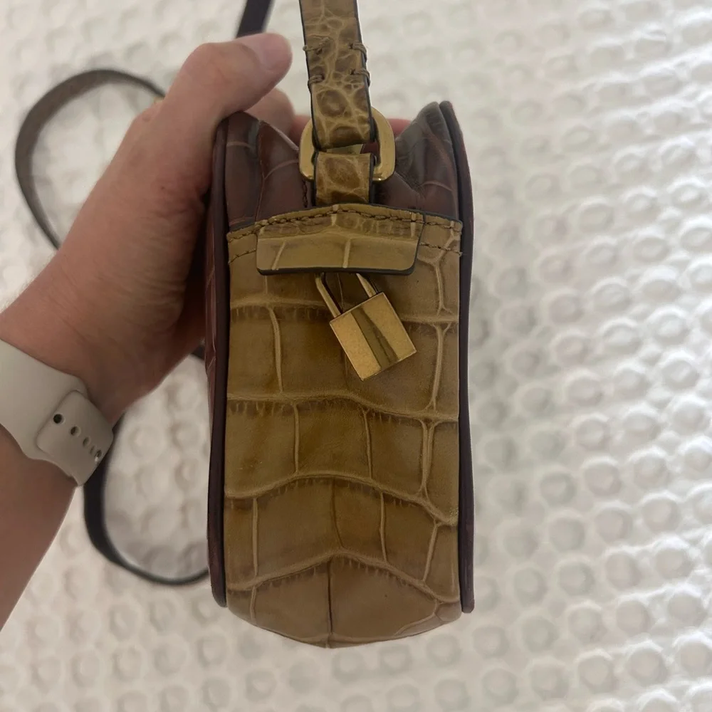 J. Crew Purple and Brown Colorblocked Croc Embossed Leather Crossbody Bag